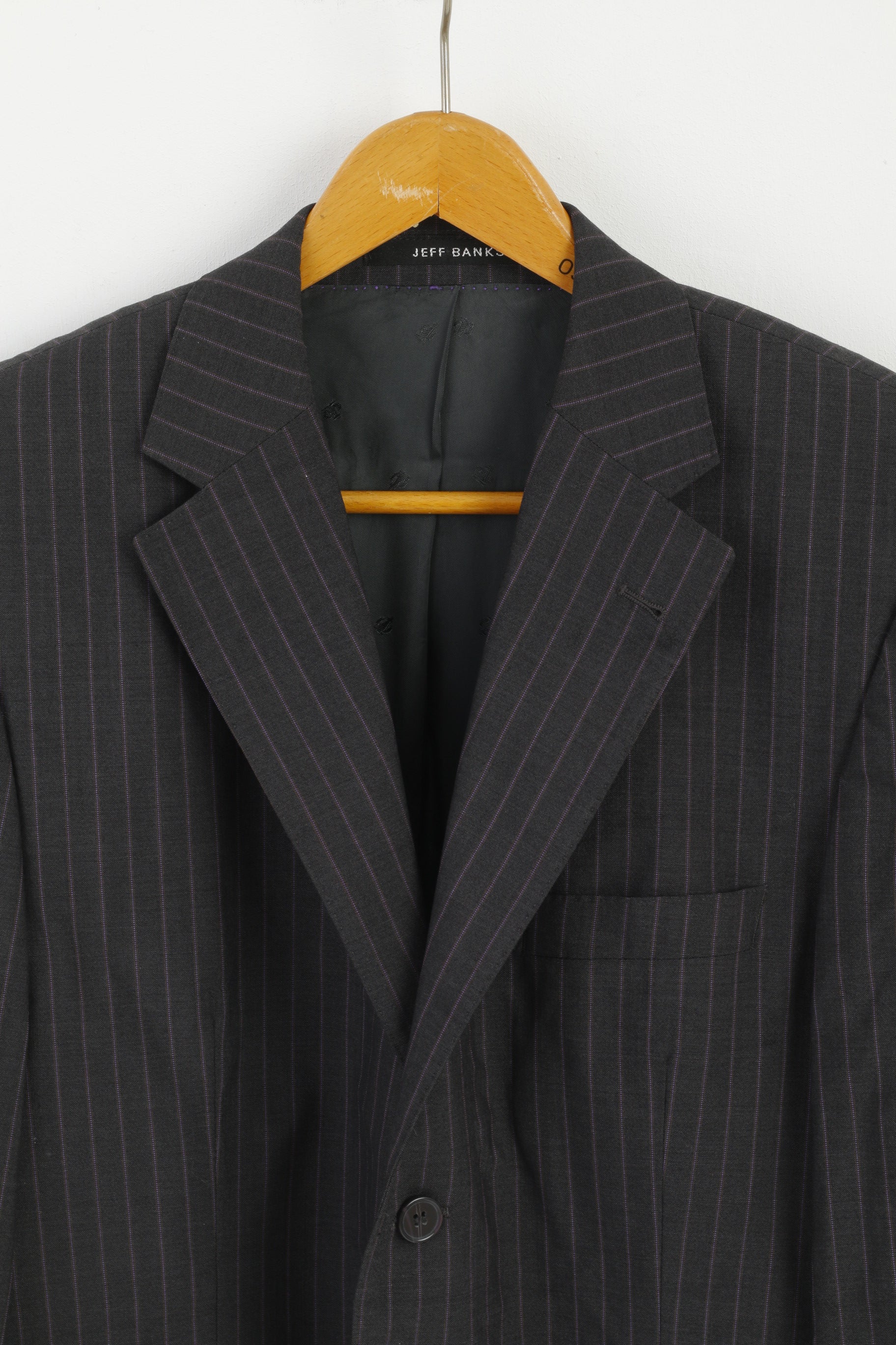 Jeff Banks Men 42S 52 Blazer Grey Violet Striped Wool Single Breasted Jacket