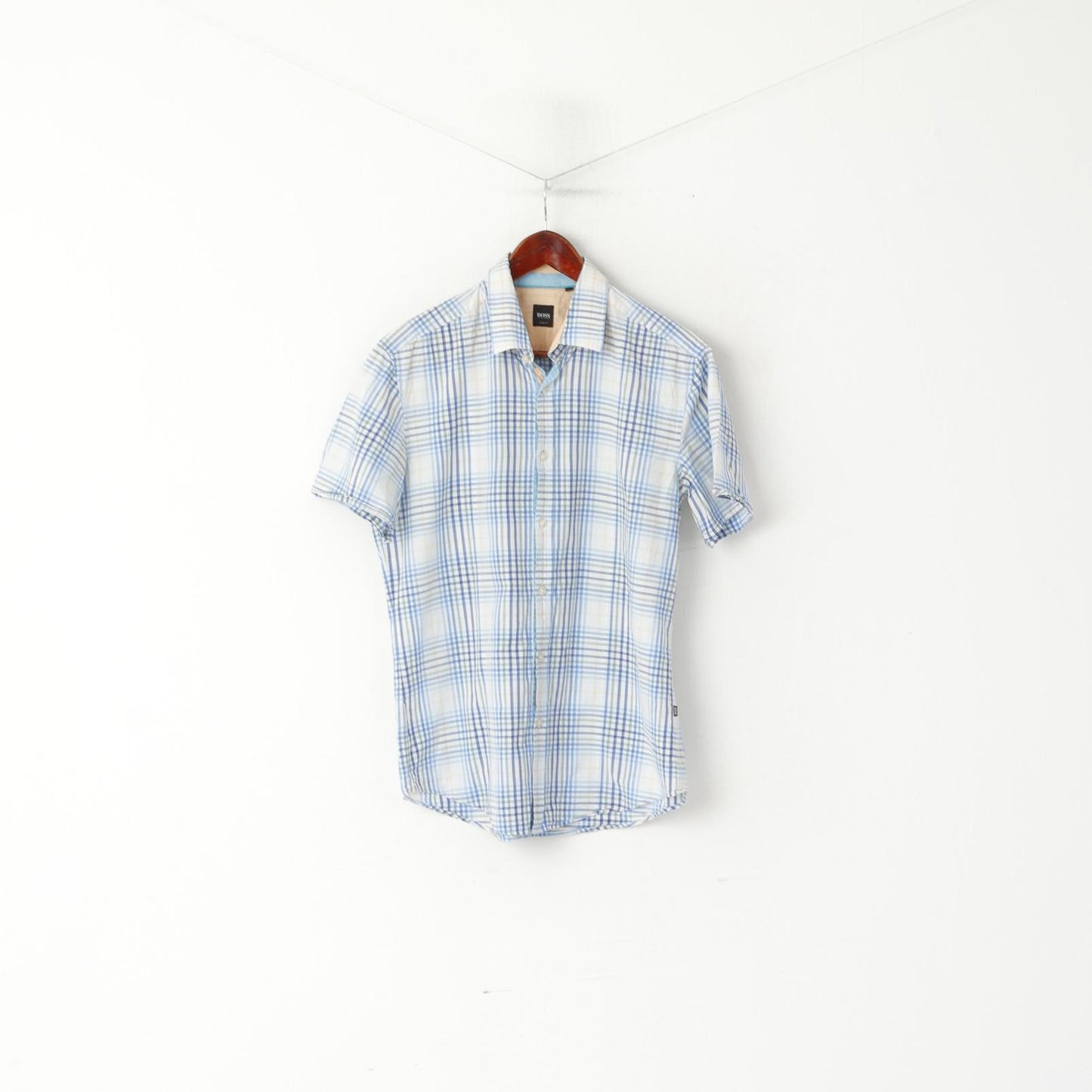 Hugo Boss Men L (M) Casual Shirt Blue Check Cotton Slim Fit Short Sleeve Top