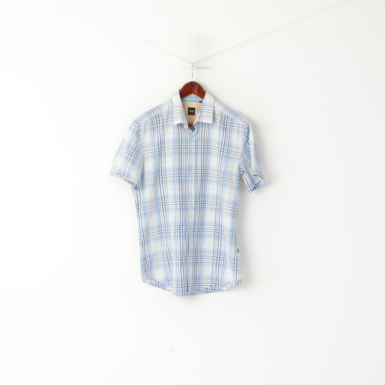 Hugo Boss Men L (M) Casual Shirt Blue Check Cotton Slim Fit Short Sleeve Top