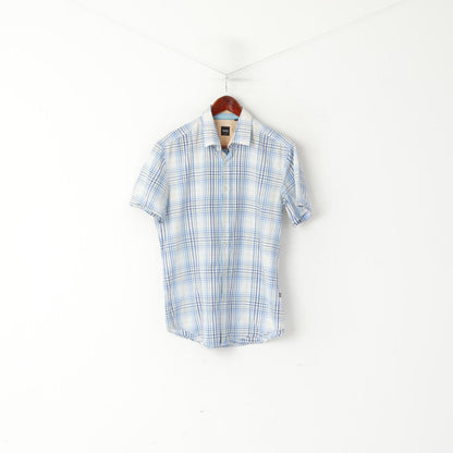 Hugo Boss Men L (M) Casual Shirt Blue Check Cotton Slim Fit Short Sleeve Top