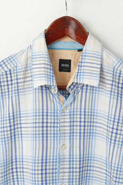 Hugo Boss Men L (M) Casual Shirt Blue Check Cotton Slim Fit Short Sleeve Top