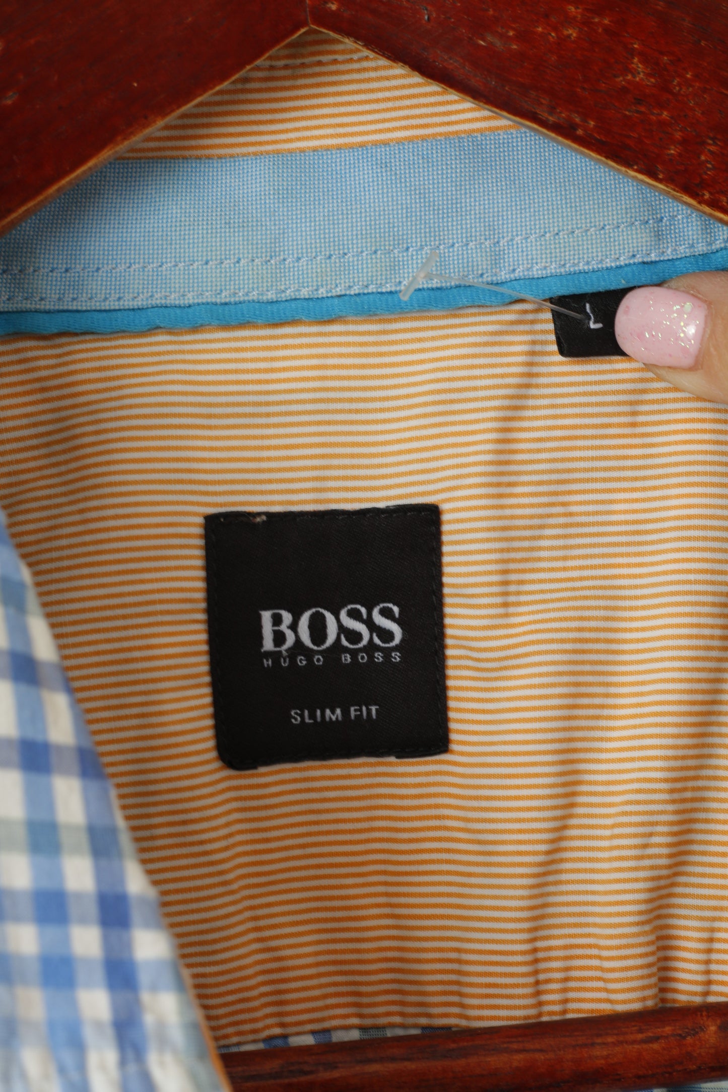 Hugo Boss Men L (M) Casual Shirt Blue Check Cotton Slim Fit Short Sleeve Top