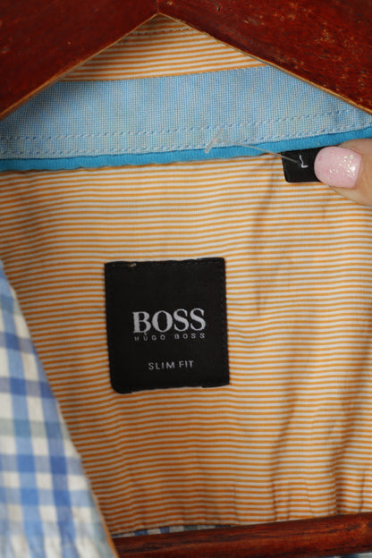 Hugo Boss Men L (M) Casual Shirt Blue Check Cotton Slim Fit Short Sleeve Top