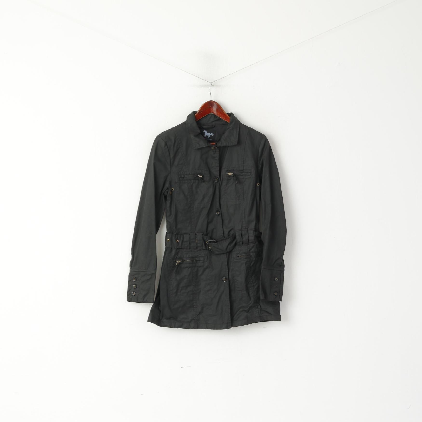 Adoro la giacca da donna Horses, top monopetto con cintura in cotone cerato nero