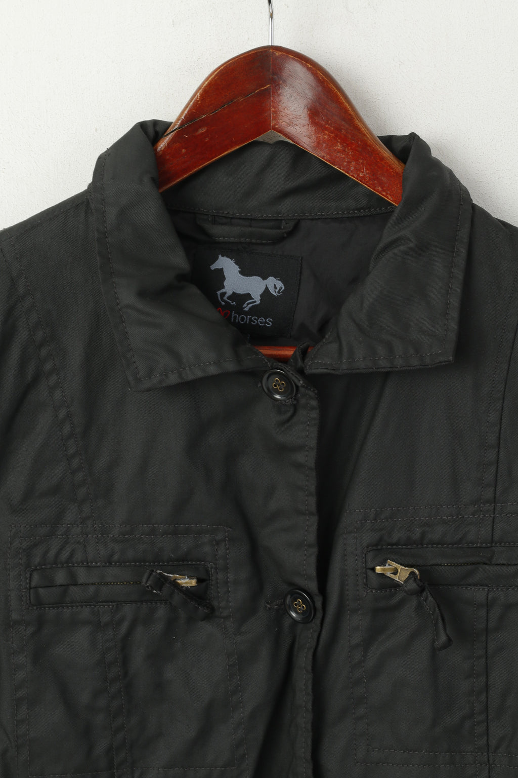 Adoro la giacca da donna Horses, top monopetto con cintura in cotone cerato nero