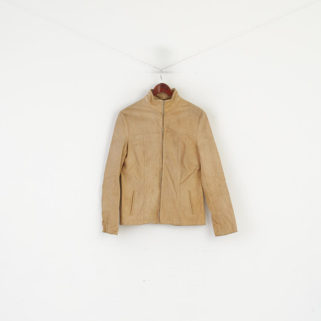 Giacca in pelle vintage da donna 46 M. Top classico in pelle scamosciata beige con cerniera intera Italia