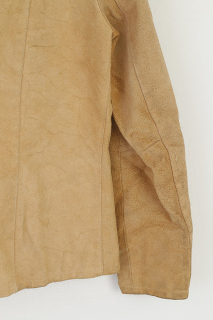 Giacca in pelle vintage da donna 46 M. Top classico in pelle scamosciata beige con cerniera intera Italia