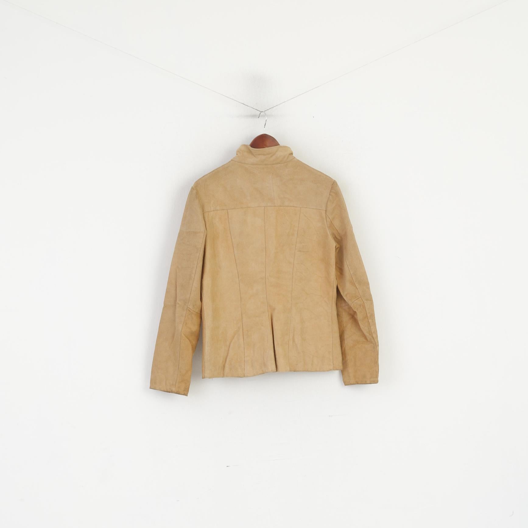 Giacca in pelle vintage da donna 46 M. Top classico in pelle scamosciata beige con cerniera intera Italia