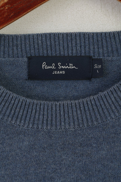 Paul Smith Jeans Uomo L (M) Maglione Classico in cotone blu girocollo tinta unita
