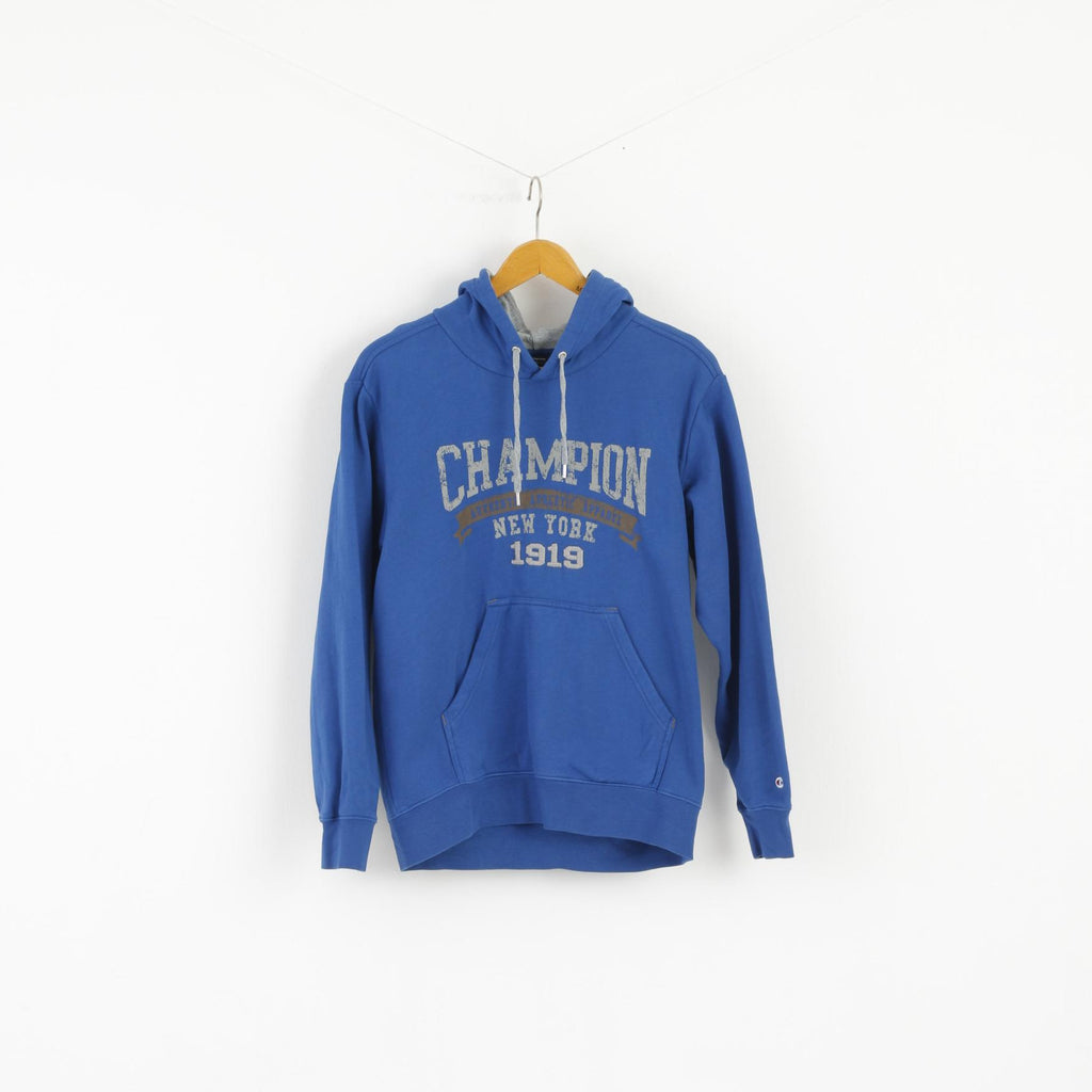 Champion Men M (S) Sweatshirt Blue Hoodie Graphic Cotton Kangaroo Pocket