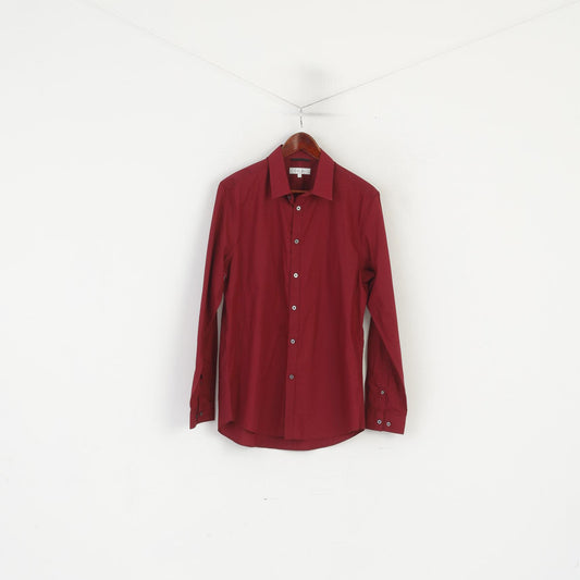 Camicia casual da uomo Nigel Hall L. Top slim fit tinta unita in cotone bordeaux a maniche lunghe