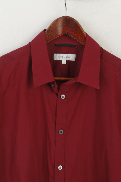 Nigel Hall Men L Casual Shirt Burgundy Cotton Long Sleeve Plain Slim Fit Top