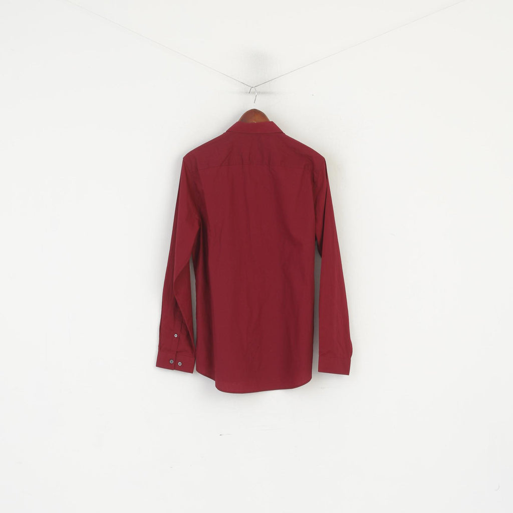 Nigel Hall Chemise décontractée pour homme en coton bordeaux à manches longues uni coupe ajustée