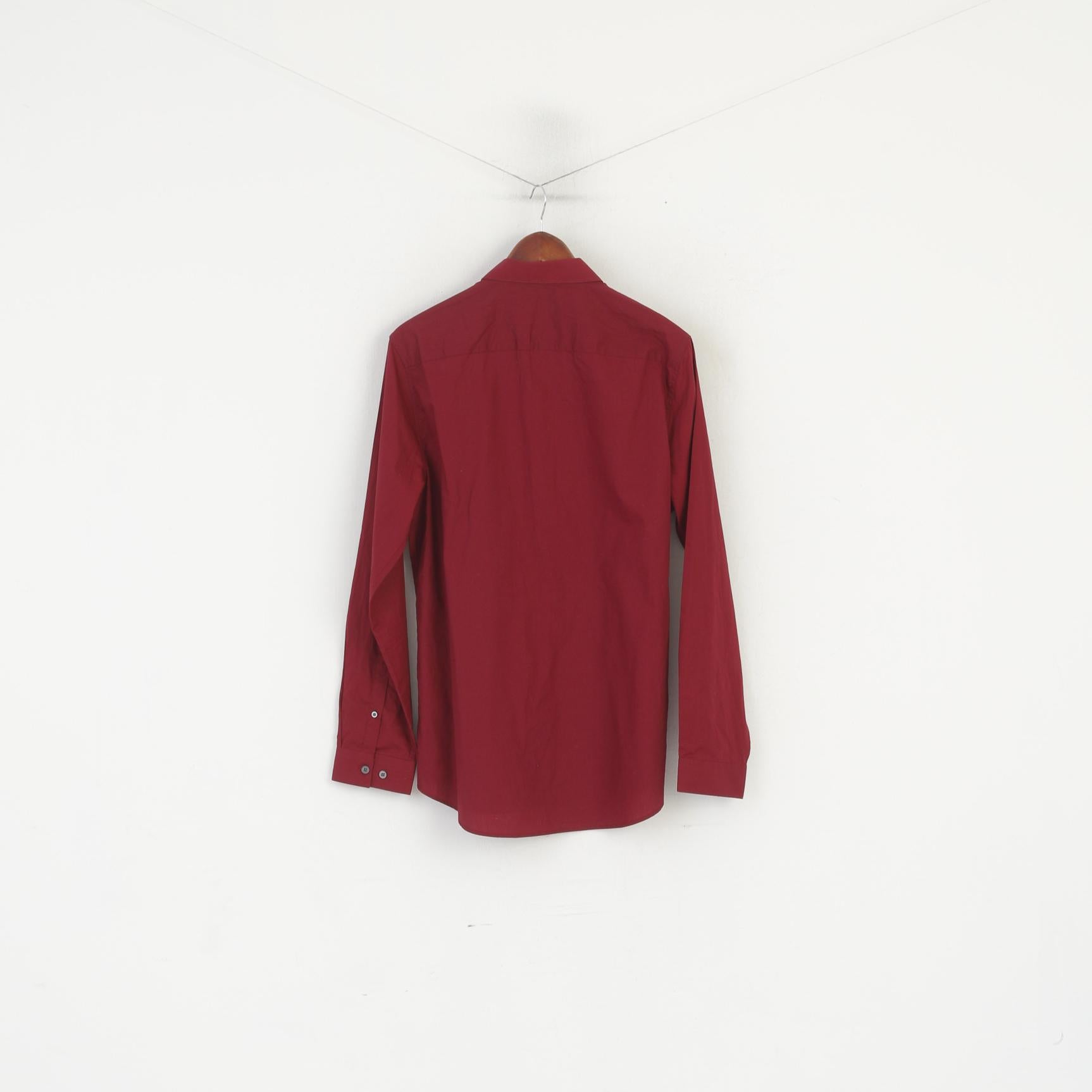 Nigel Hall Chemise décontractée pour homme en coton bordeaux à manches longues uni coupe ajustée