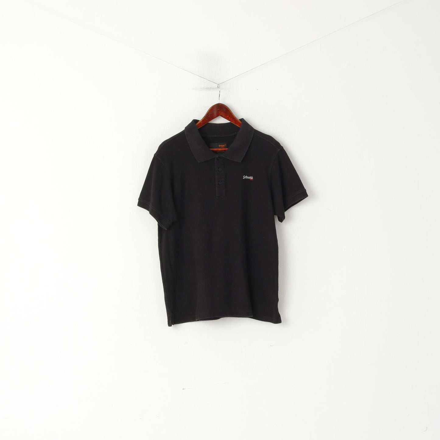 Schott N.Y.C Men L Polo Shirt Black Fit Cotton Detailed Buttons Classic Top
