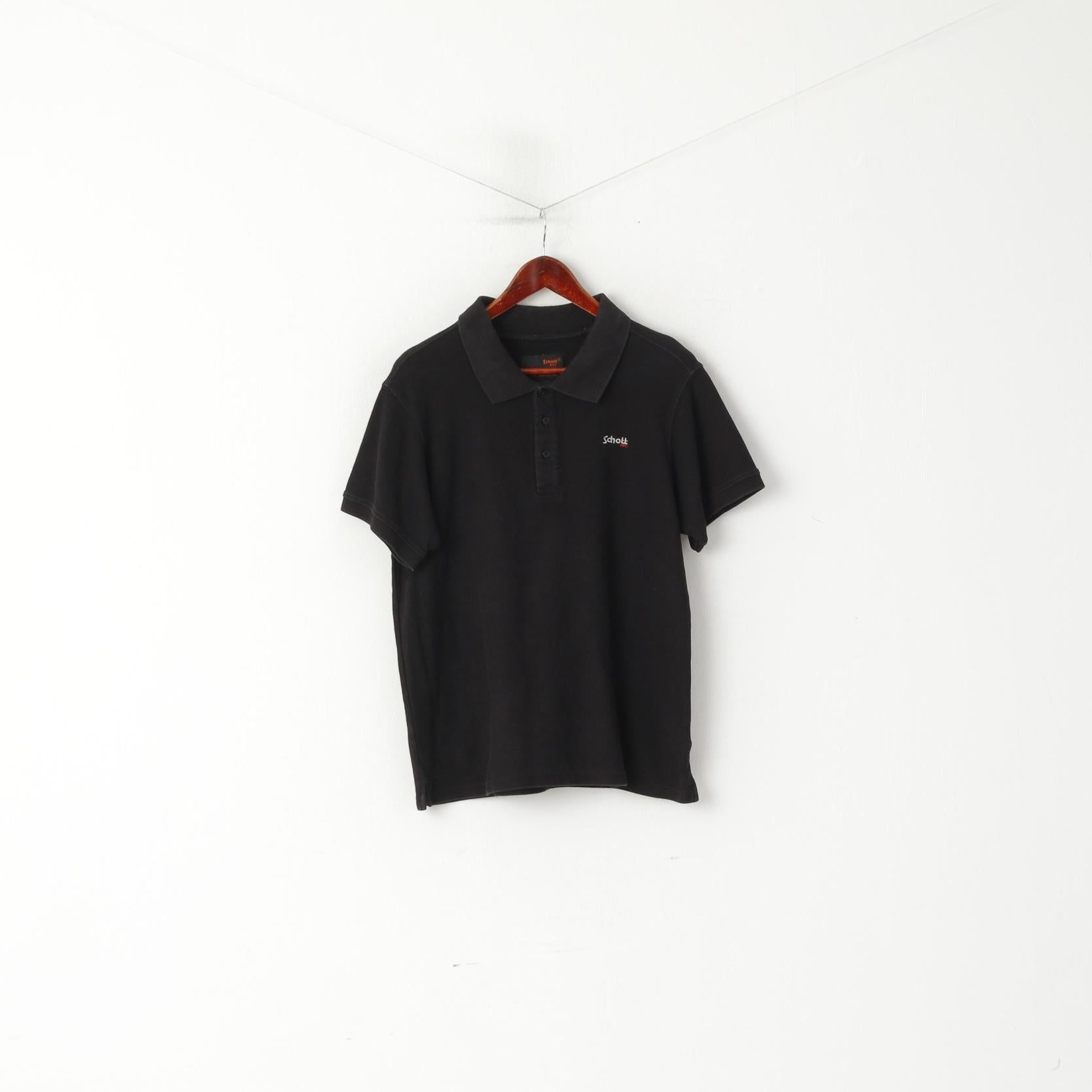 Schott NYC Hommes L Polo Noir Coupe Coton Boutons Détaillés Haut Classique
