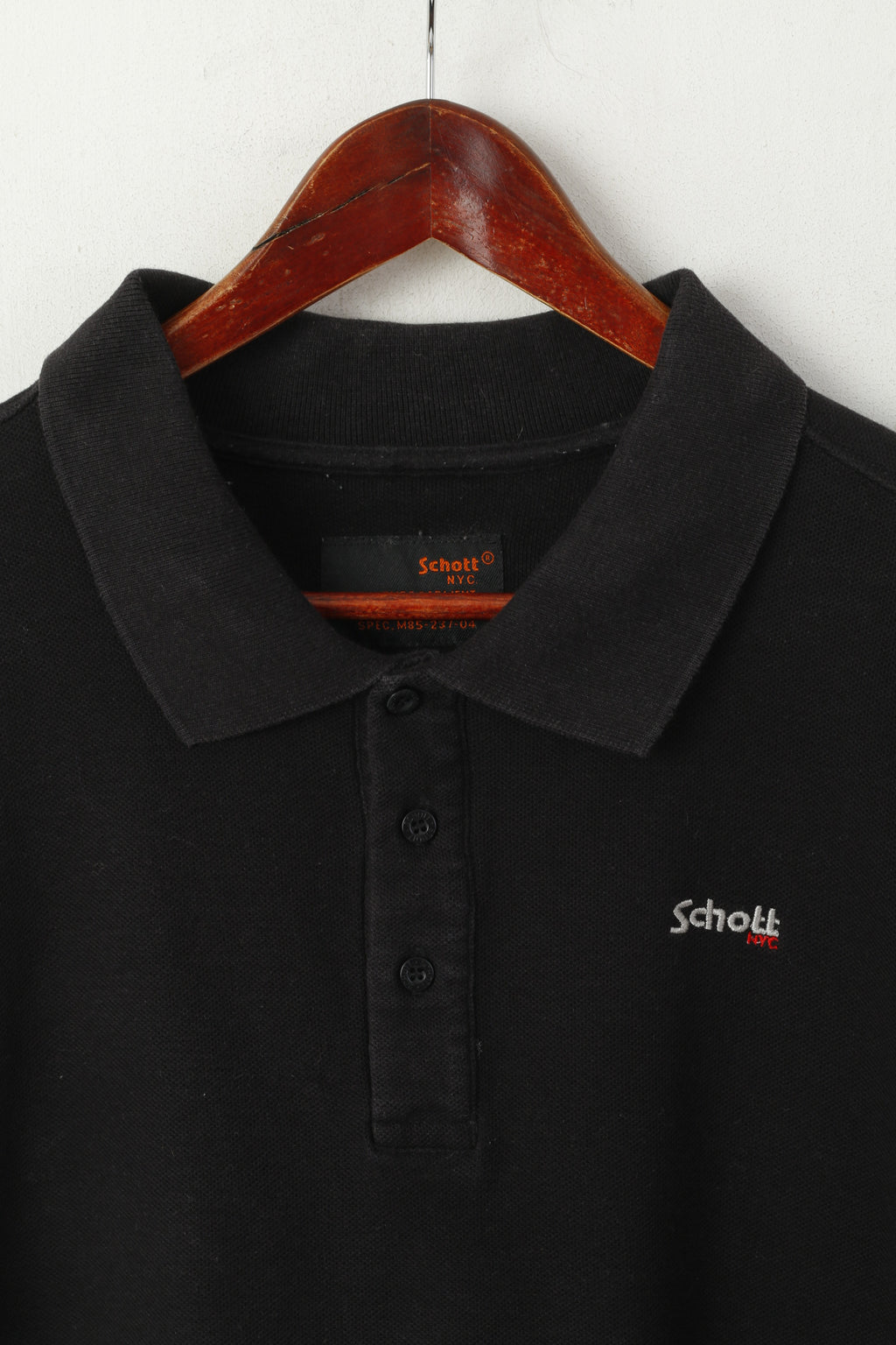 Schott NYC Hommes L Polo Noir Coupe Coton Boutons Détaillés Haut Classique