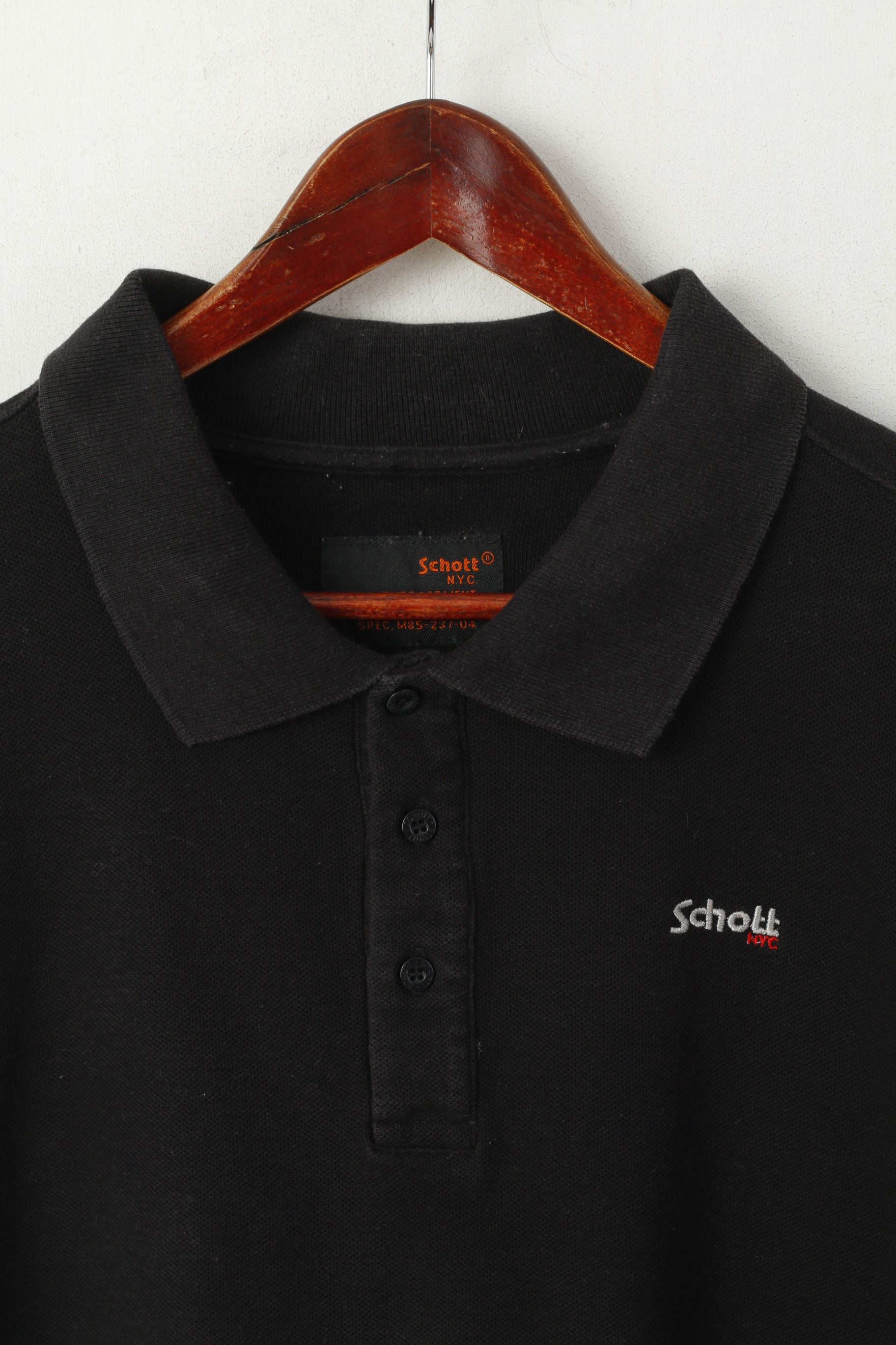 Schott NYC Hommes L Polo Noir Coupe Coton Boutons Détaillés Haut Classique