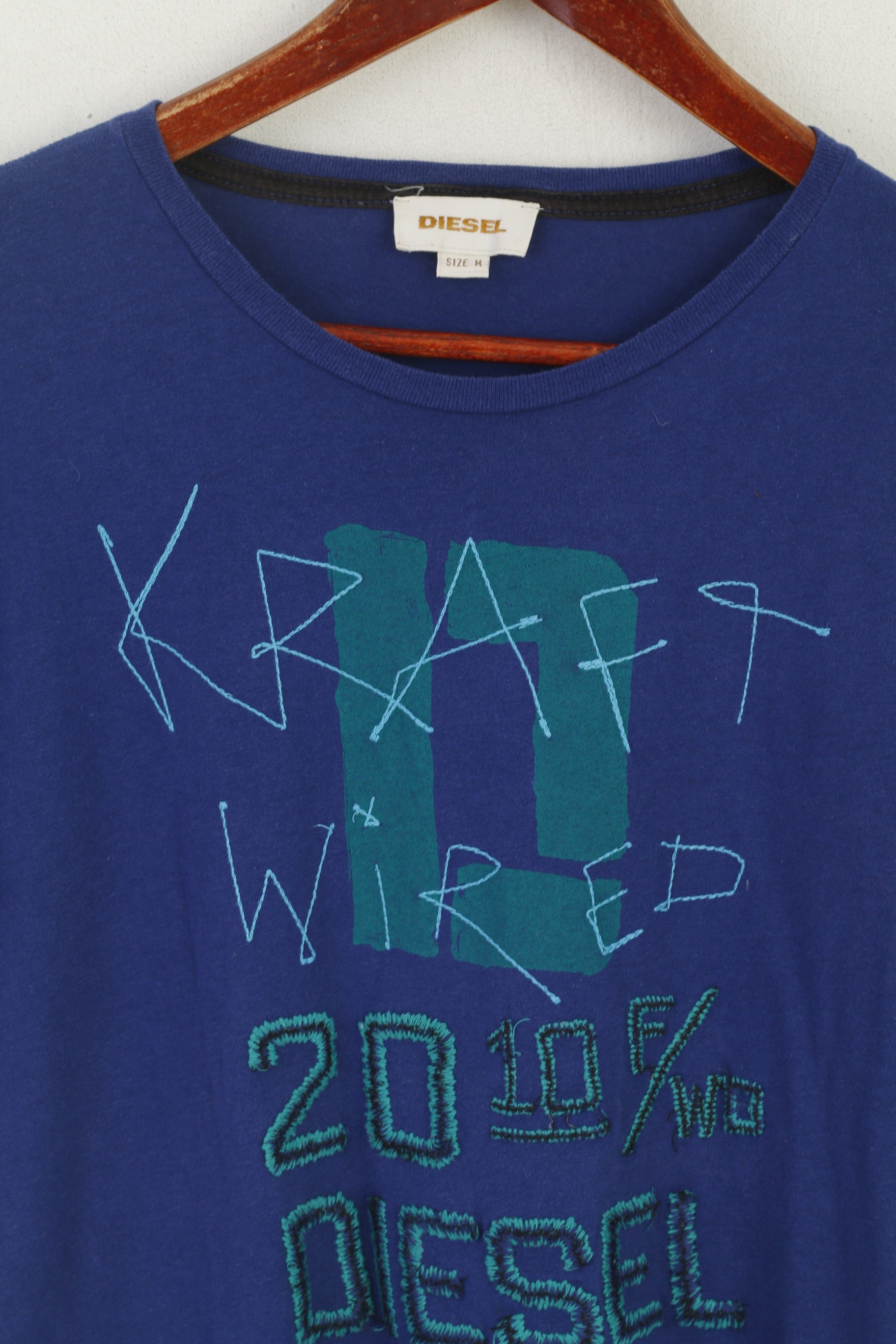 Diesel Homme M Chemise Bleu Coton Graphique Brodé Col Ras Du Cou Classique Haut