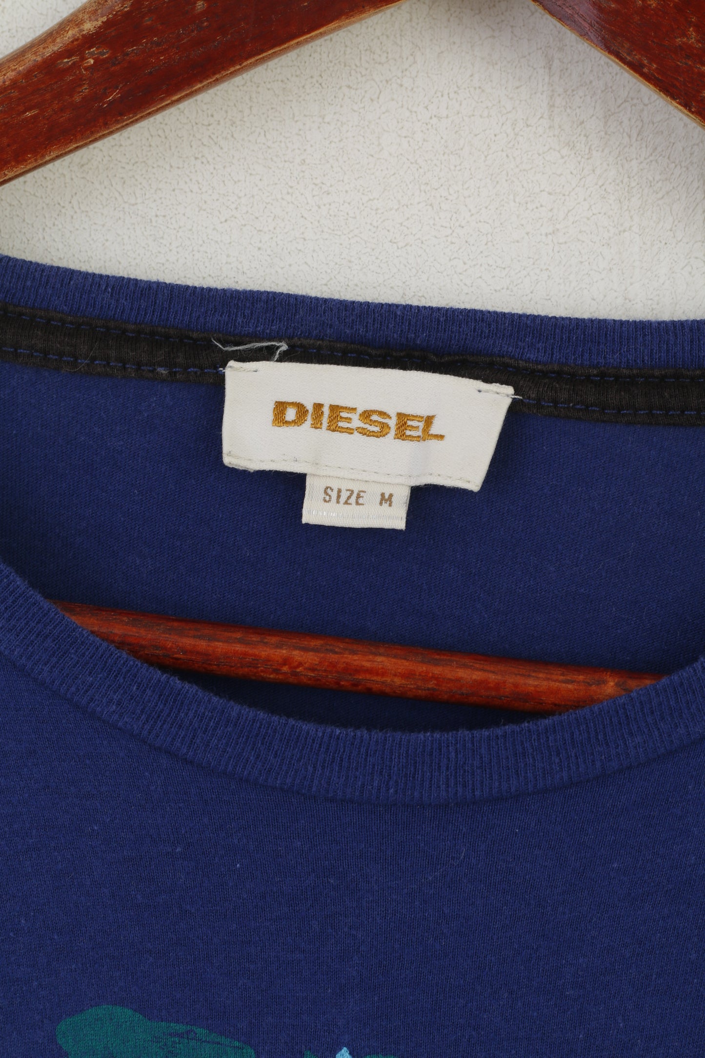 Diesel Homme M Chemise Bleu Coton Graphique Brodé Col Ras Du Cou Classique Haut