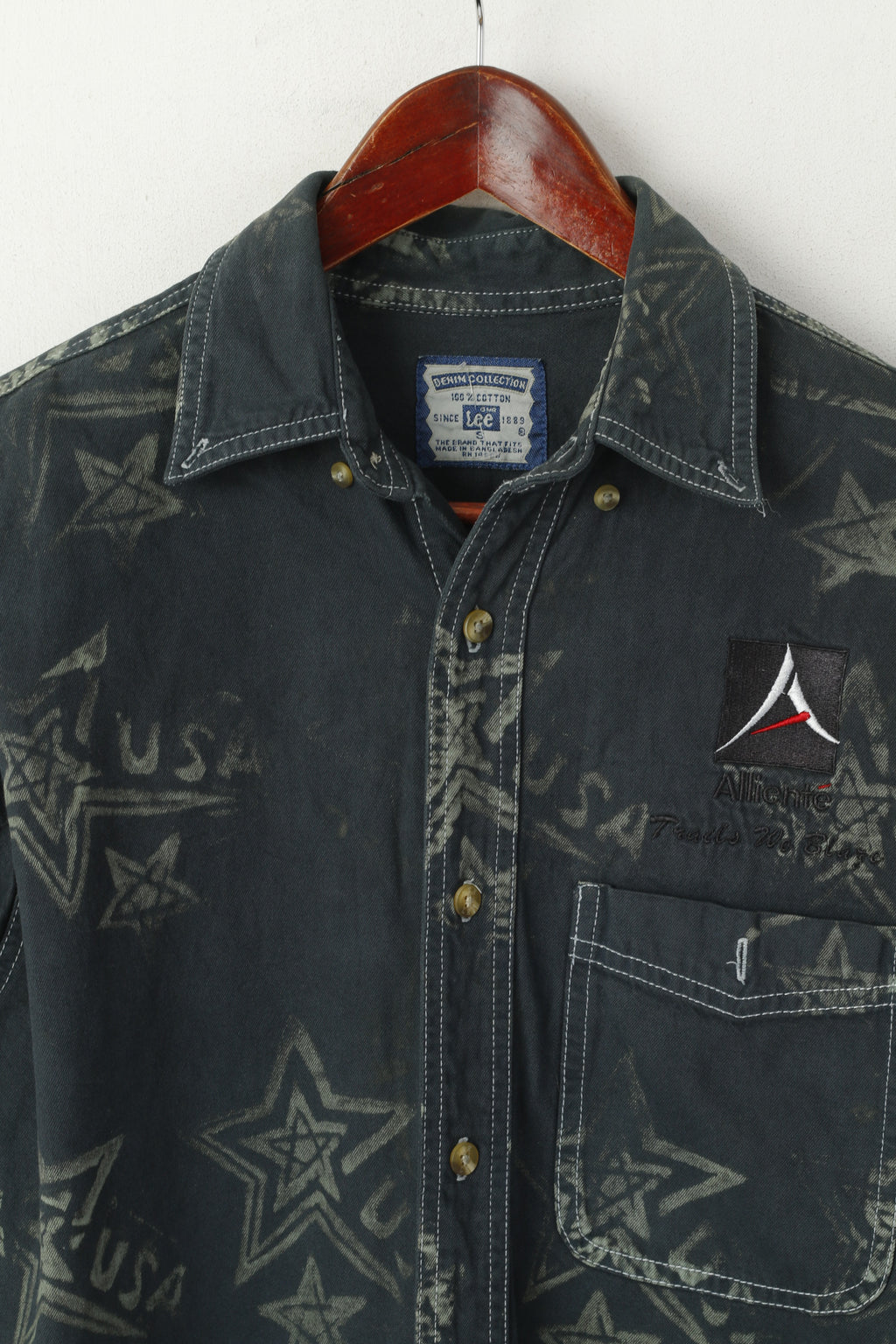 Lee Men S Casual Shirt Navy Denim Cotton USA Stars Printed Alliente Trails Long Sleeve Top
