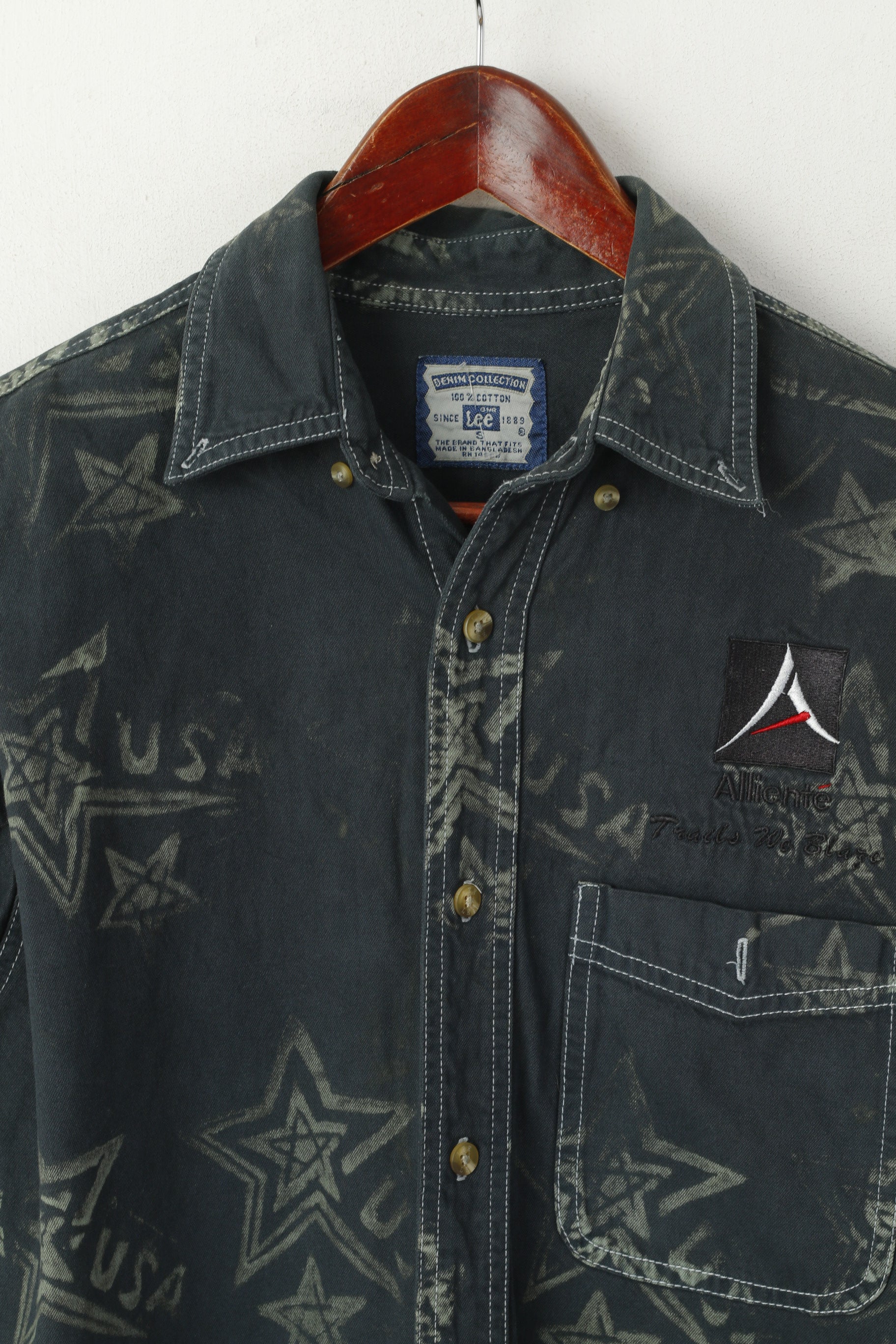 Lee Men S Casual Shirt Navy Denim Cotton USA Stars Printed Alliente Trails Long Sleeve Top