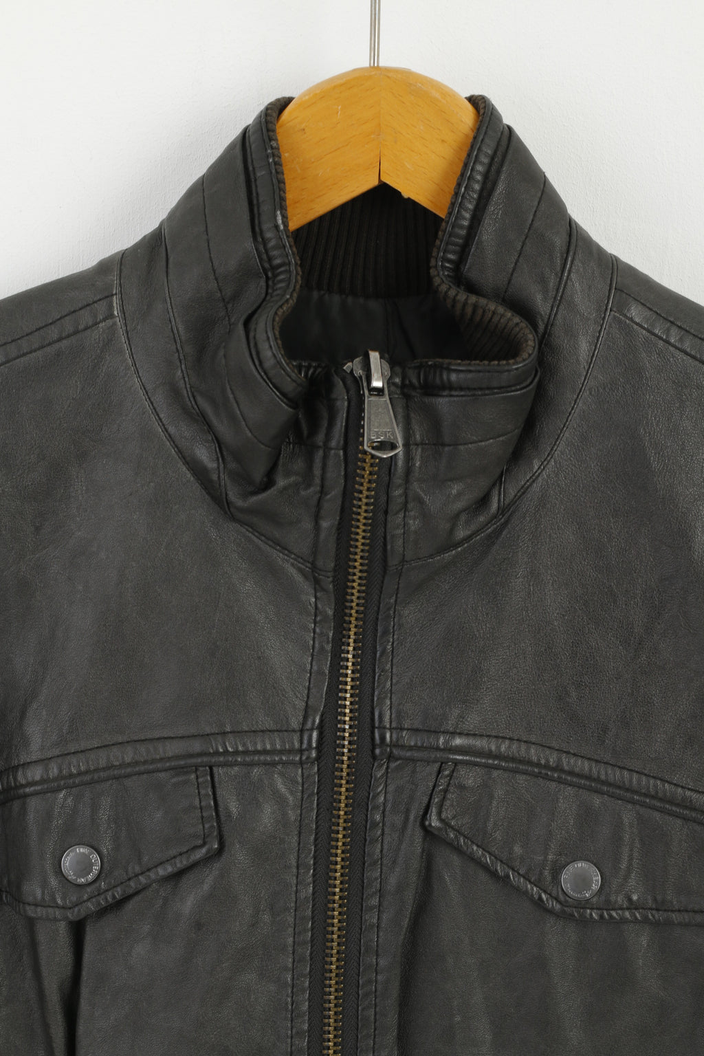 Bershka Men L (M) Jacket Imitation Leather Dark Brown Full Zipper Patches Biker