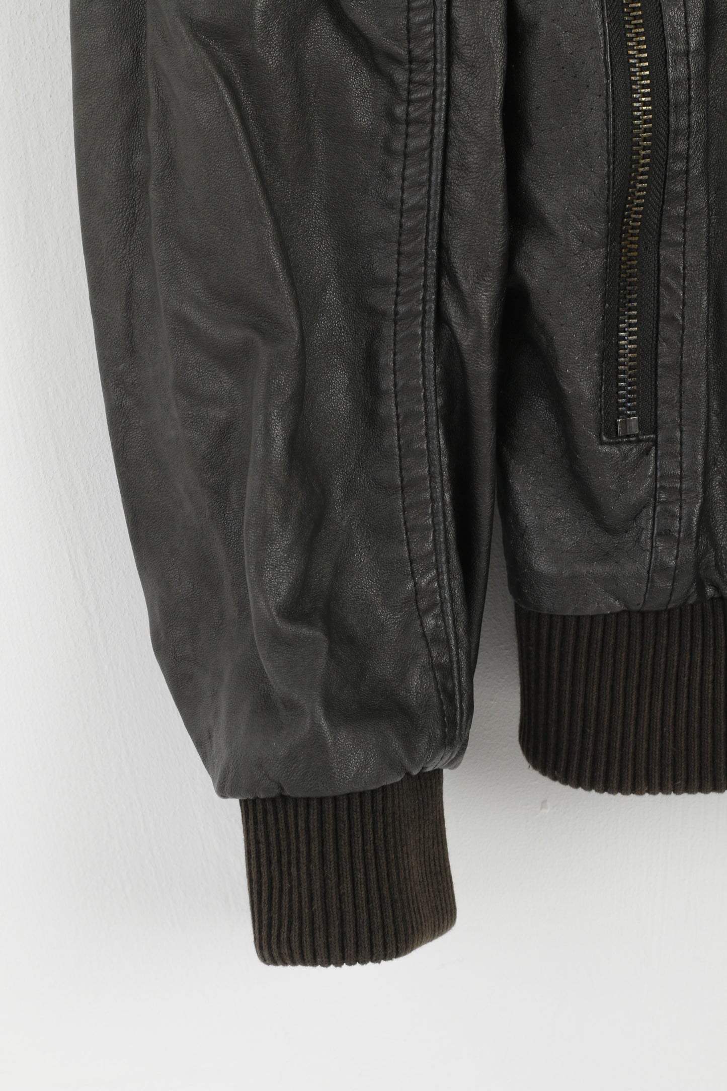 Bershka Men L (M) Jacket Imitation Leather Dark Brown Full Zipper Patches Biker