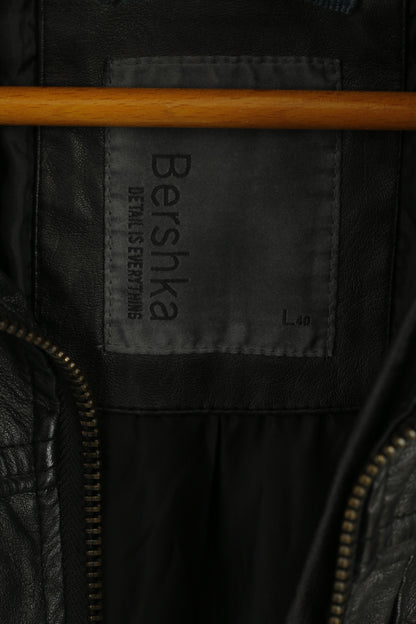 Bershka Men L (M) Jacket Imitation Leather Dark Brown Full Zipper Patches Biker