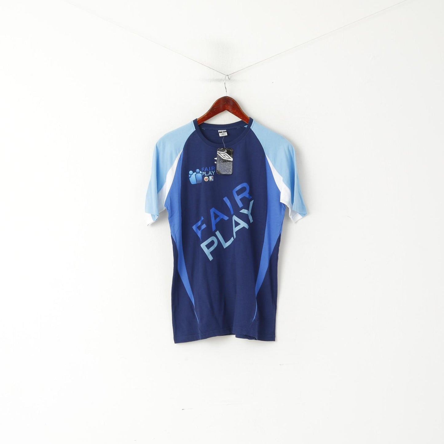 New Umbro Men M T-Shirt Blue Cotton Fair Play Football Sportswear Top