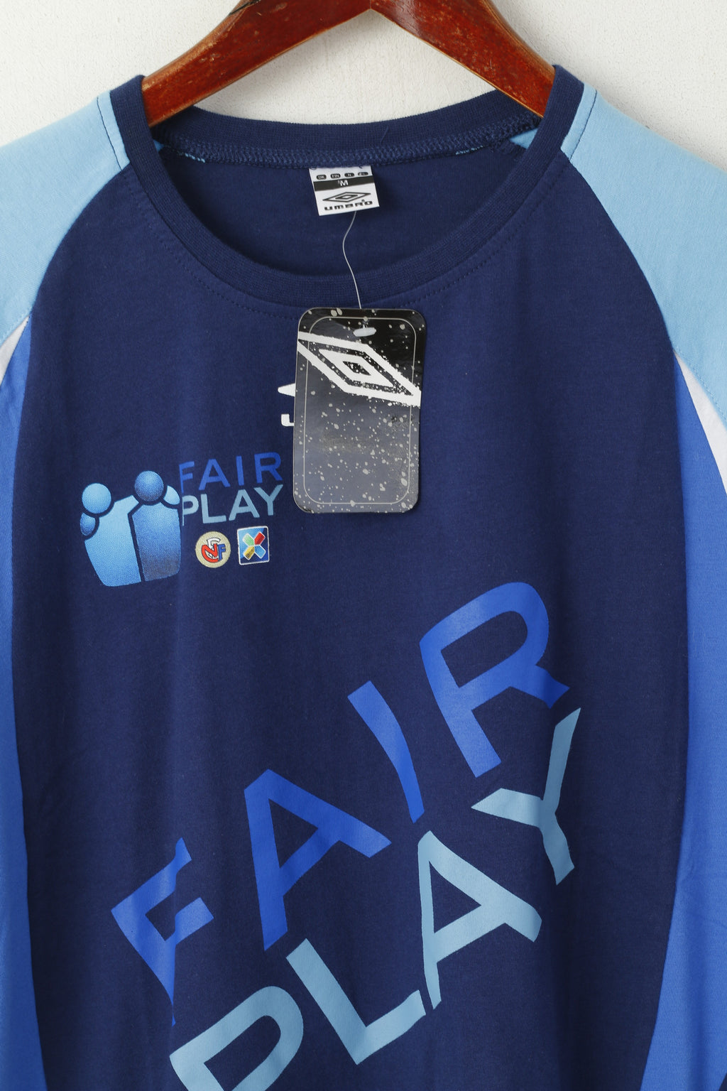 New Umbro Men M T-Shirt Blue Cotton Fair Play Football Sportswear Top