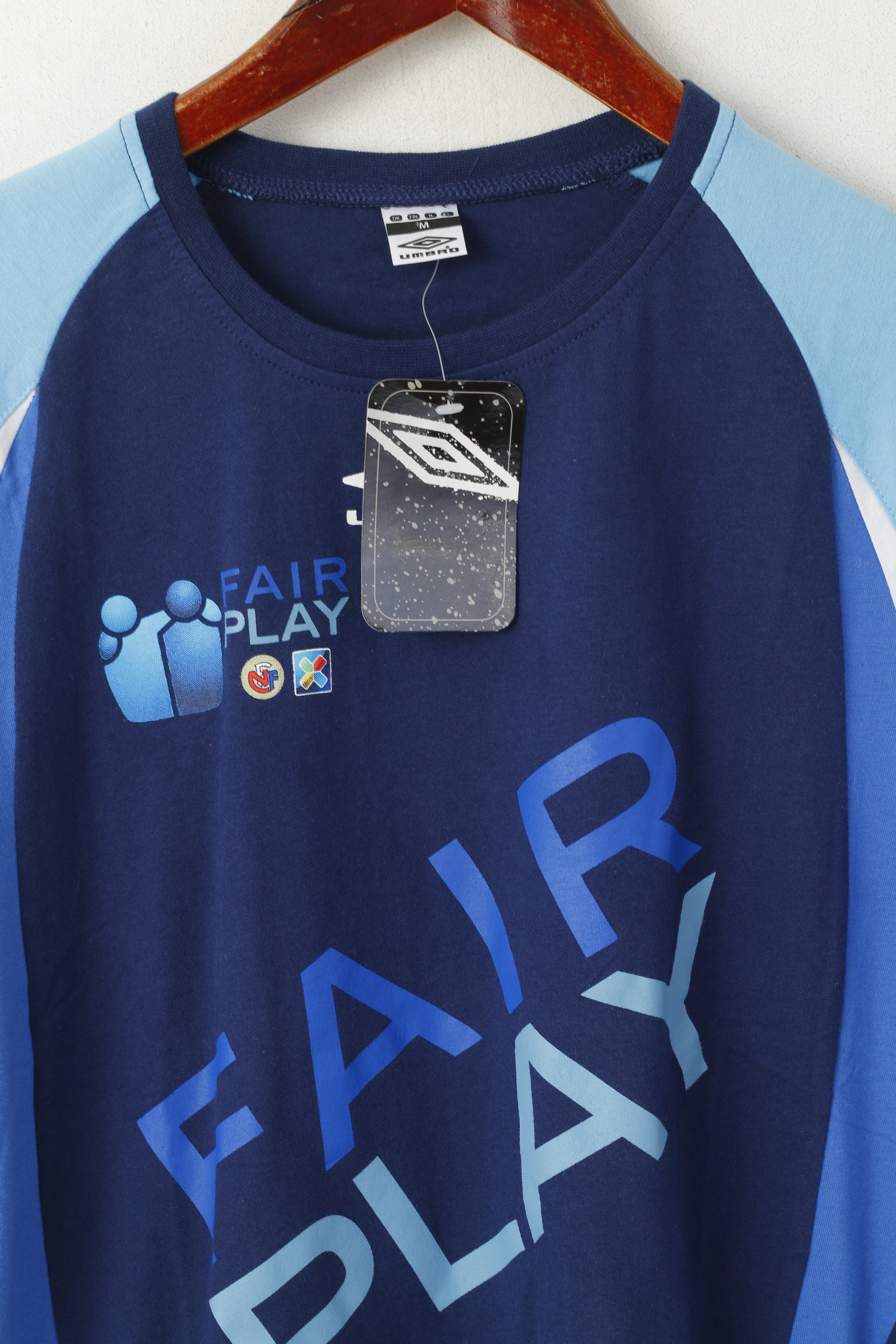 New Umbro Men M T-Shirt Blue Cotton Fair Play Football Sportswear Top