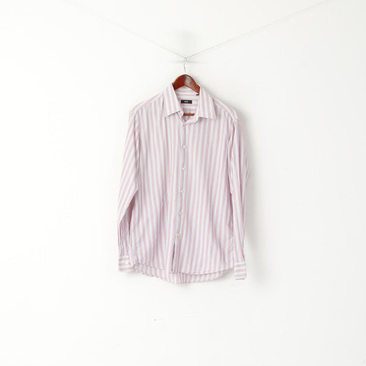 Hugo Boss Men 41 16 L Casual Shirt Blue Pink Striped Cotton Long Sleeve Top