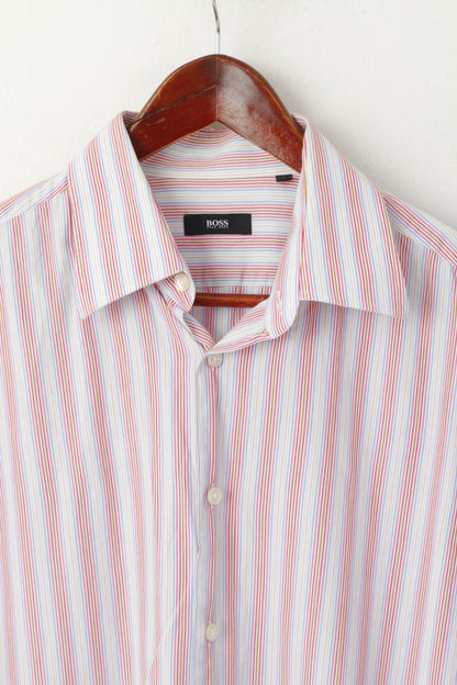 Hugo Boss Men 41 16 L Casual Shirt Blue Pink Striped Cotton Long Sleeve Top