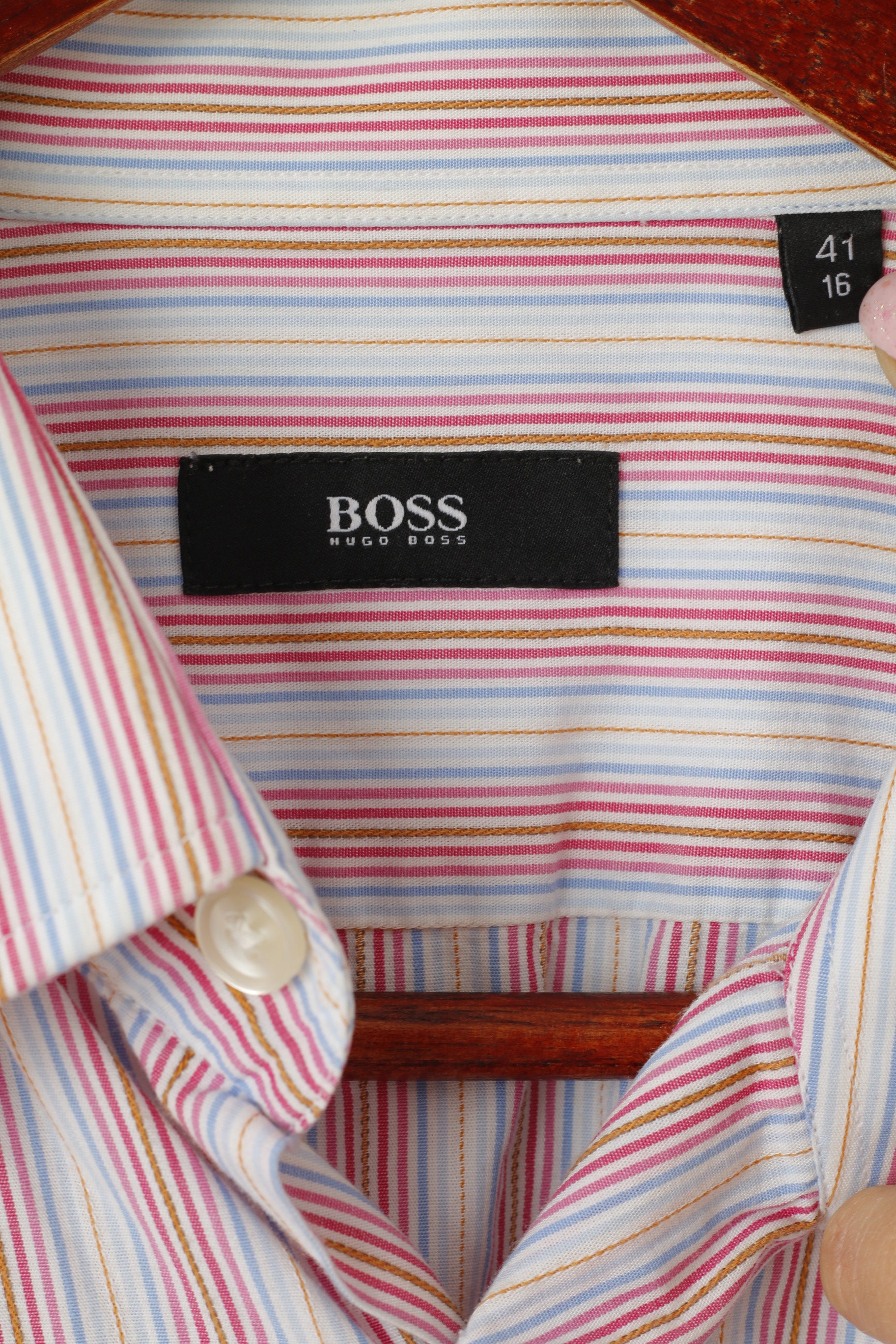 Hugo Boss Men 41 16 L Casual Shirt Blue Pink Striped Cotton Long Sleeve Top