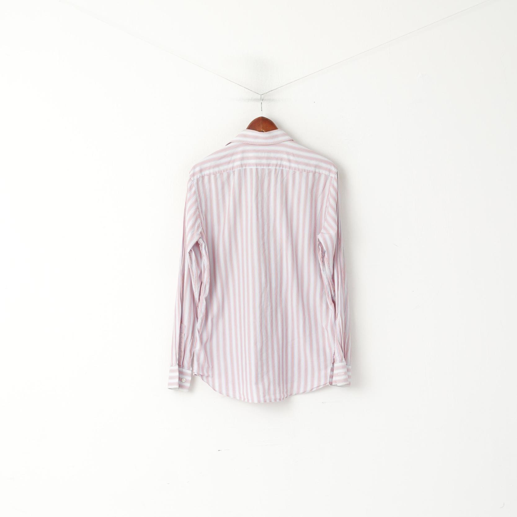 Hugo Boss Men 41 16 L Casual Shirt Blue Pink Striped Cotton Long Sleeve Top