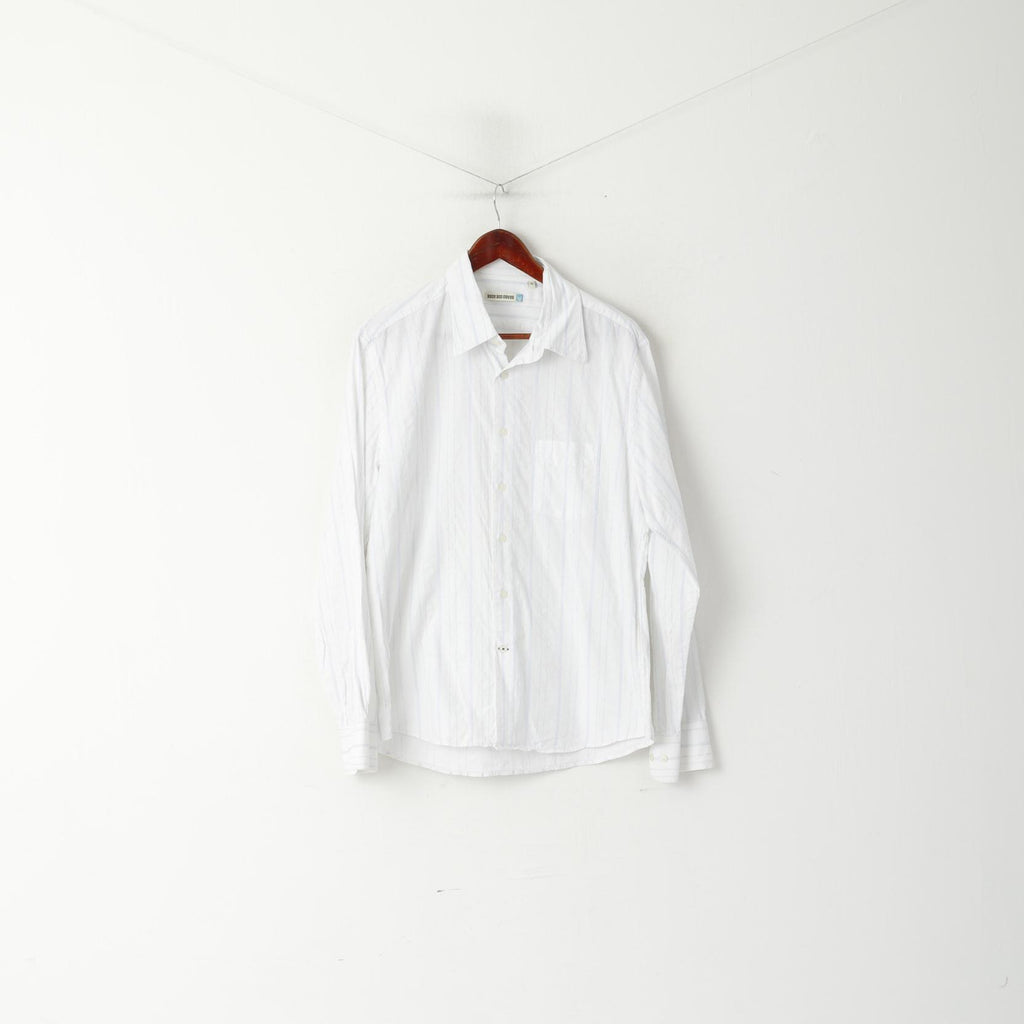 Duck and Cover Men XL (L) Camicia casual Top a maniche lunghe con trama a righe in cotone bianco