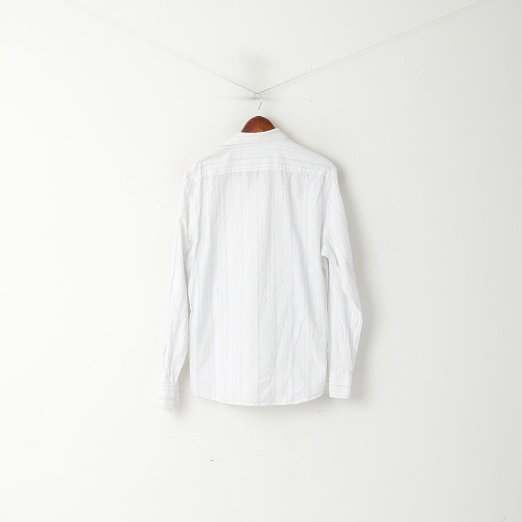 Duck and Cover Men XL (L) Camicia casual Top a maniche lunghe con trama a righe in cotone bianco