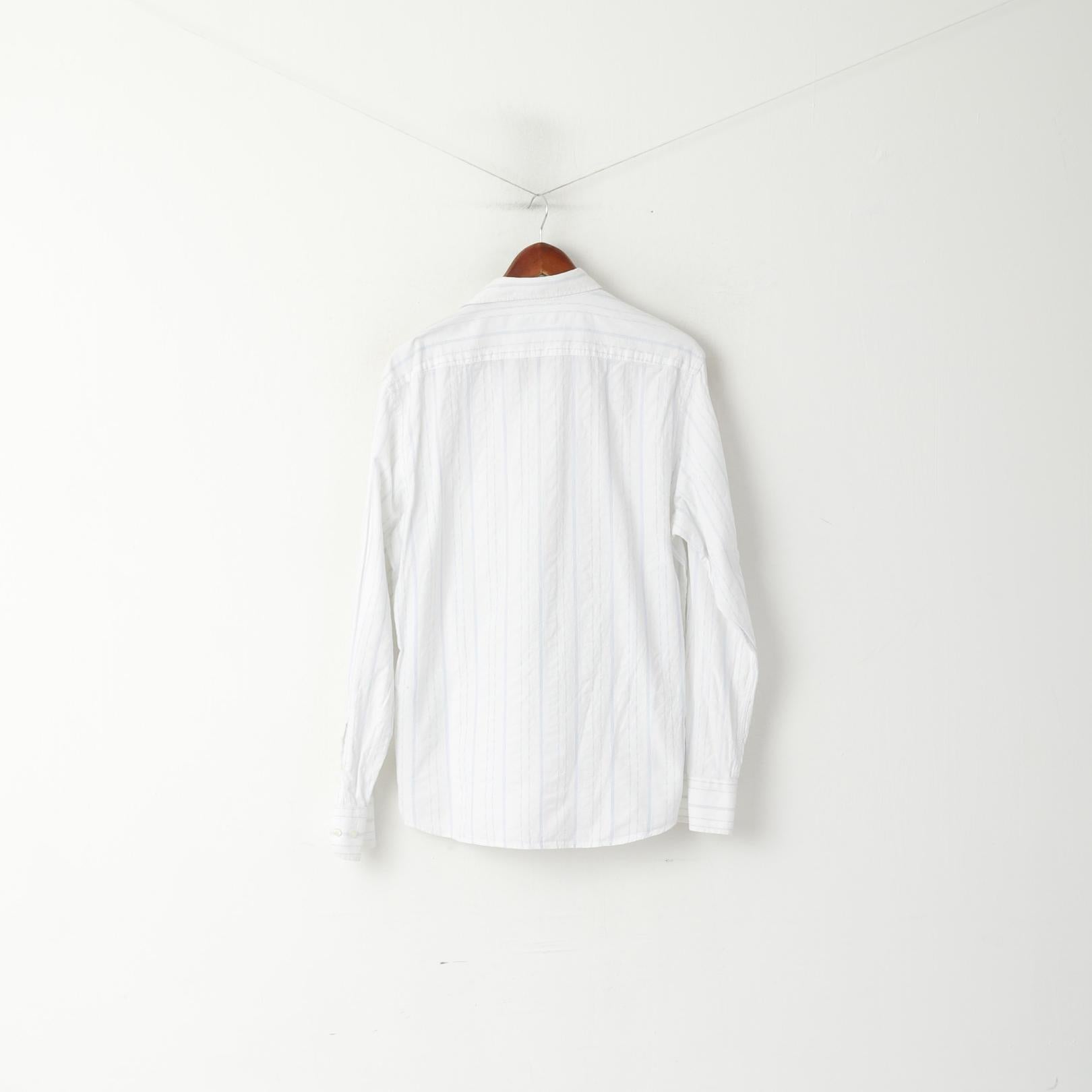 Duck and Cover Men XL (L) Camicia casual Top a maniche lunghe con trama a righe in cotone bianco