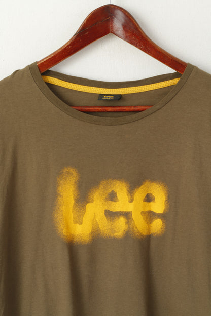 Lee Men XL Long Sleeved Shirt Khaki Cotton Logo Crew Neck Stretch Top