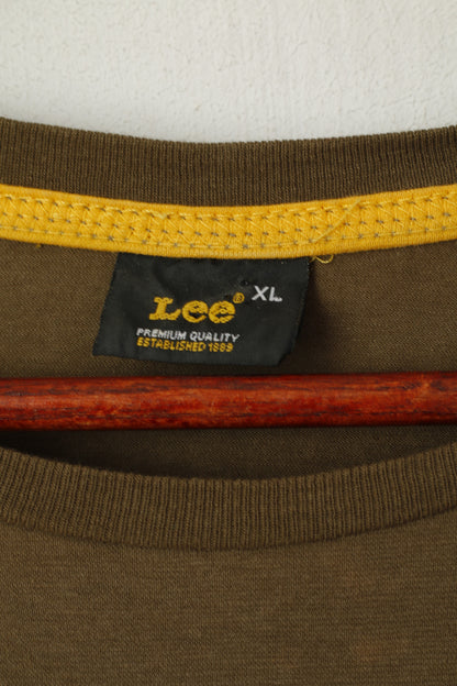 Lee Men XL Long Sleeved Shirt Khaki Cotton Logo Crew Neck Stretch Top