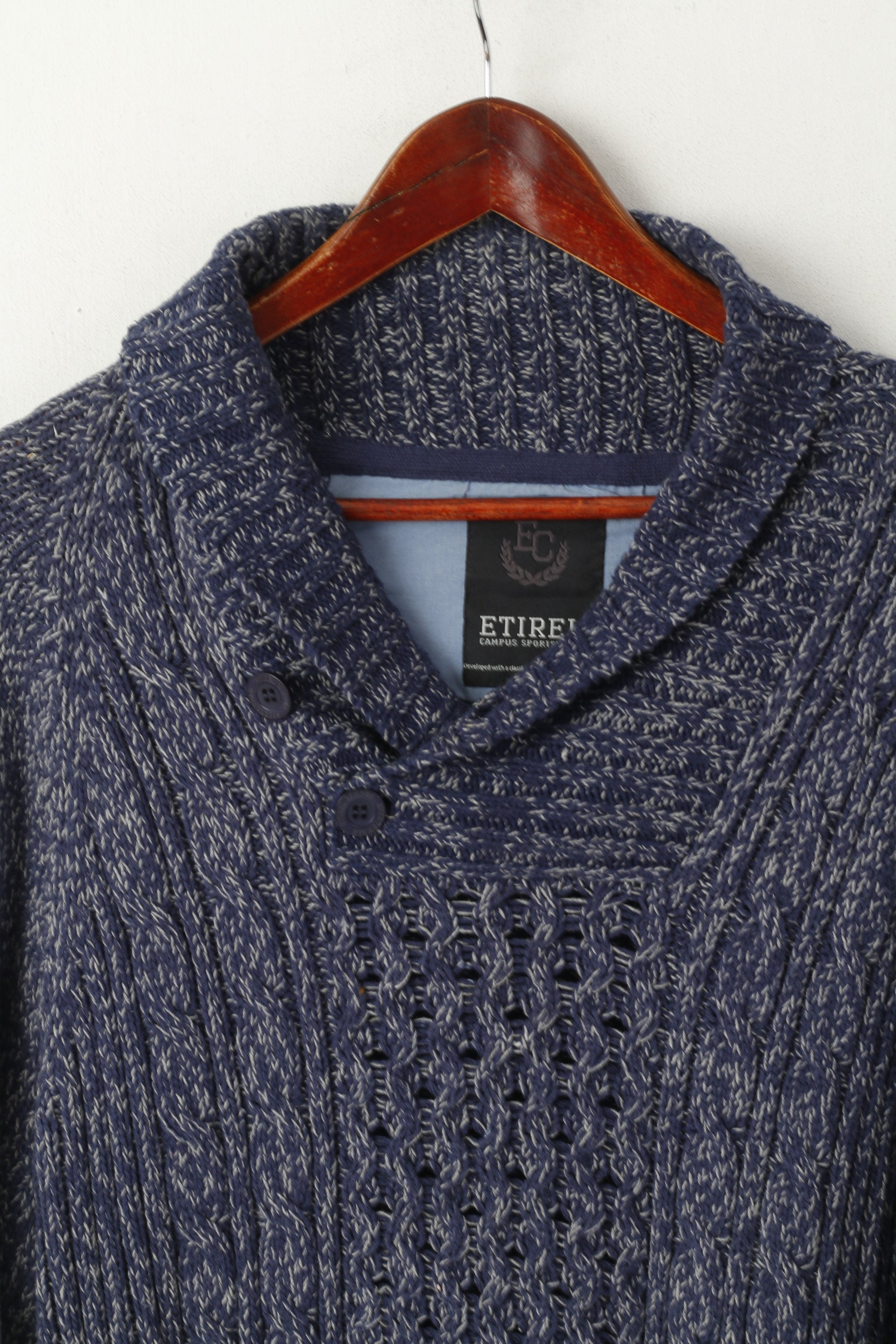 ETIREL Campus Sportswear Hommes L Jumper Marine Tricot Coton Col Châle Pull