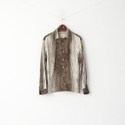 Vintage Men M Casual Shirt Brown Printed Crinkled Shiny Long Sleeve Top
