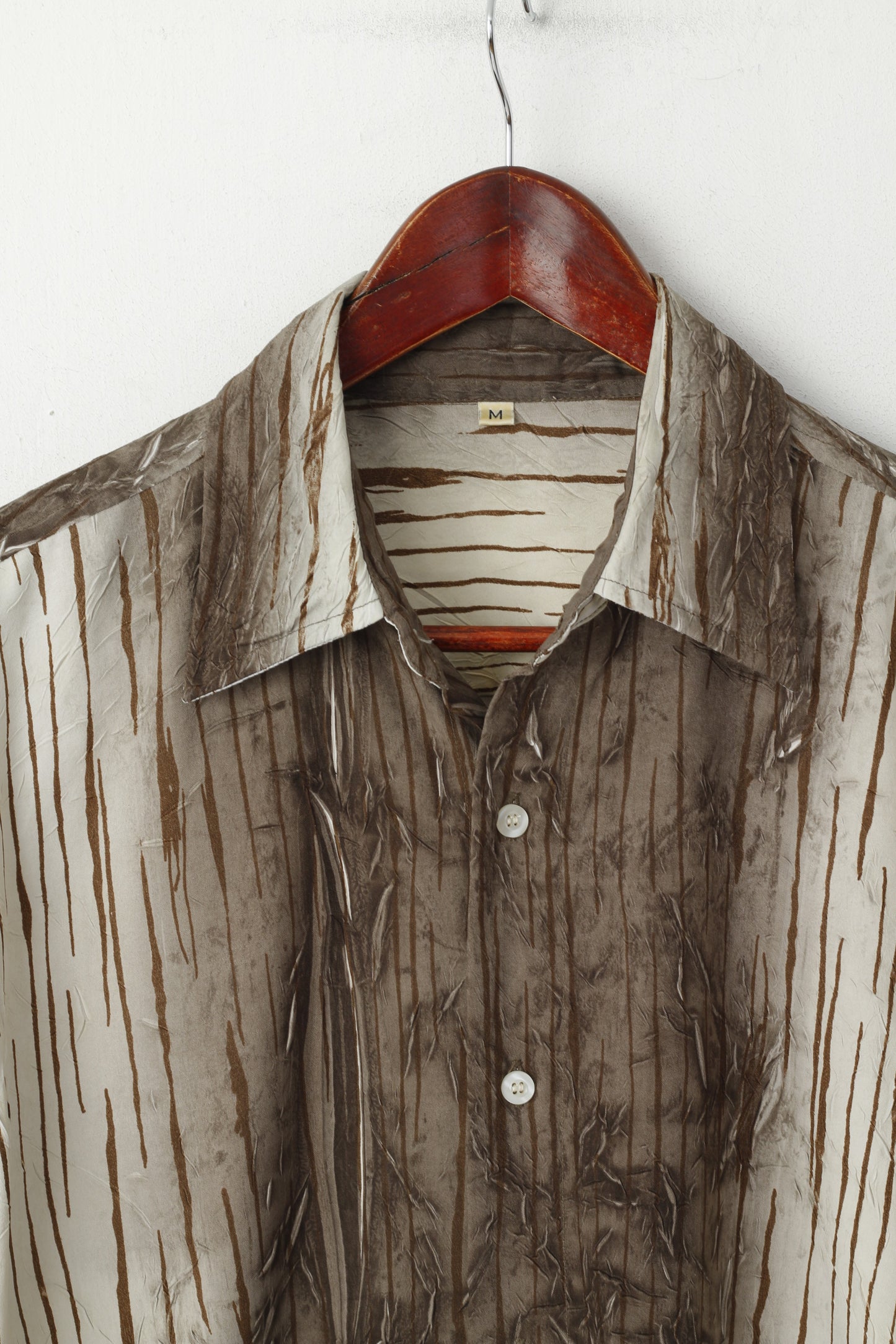Vintage Men M Casual Shirt Brown Printed Crinkled Shiny Long Sleeve Top