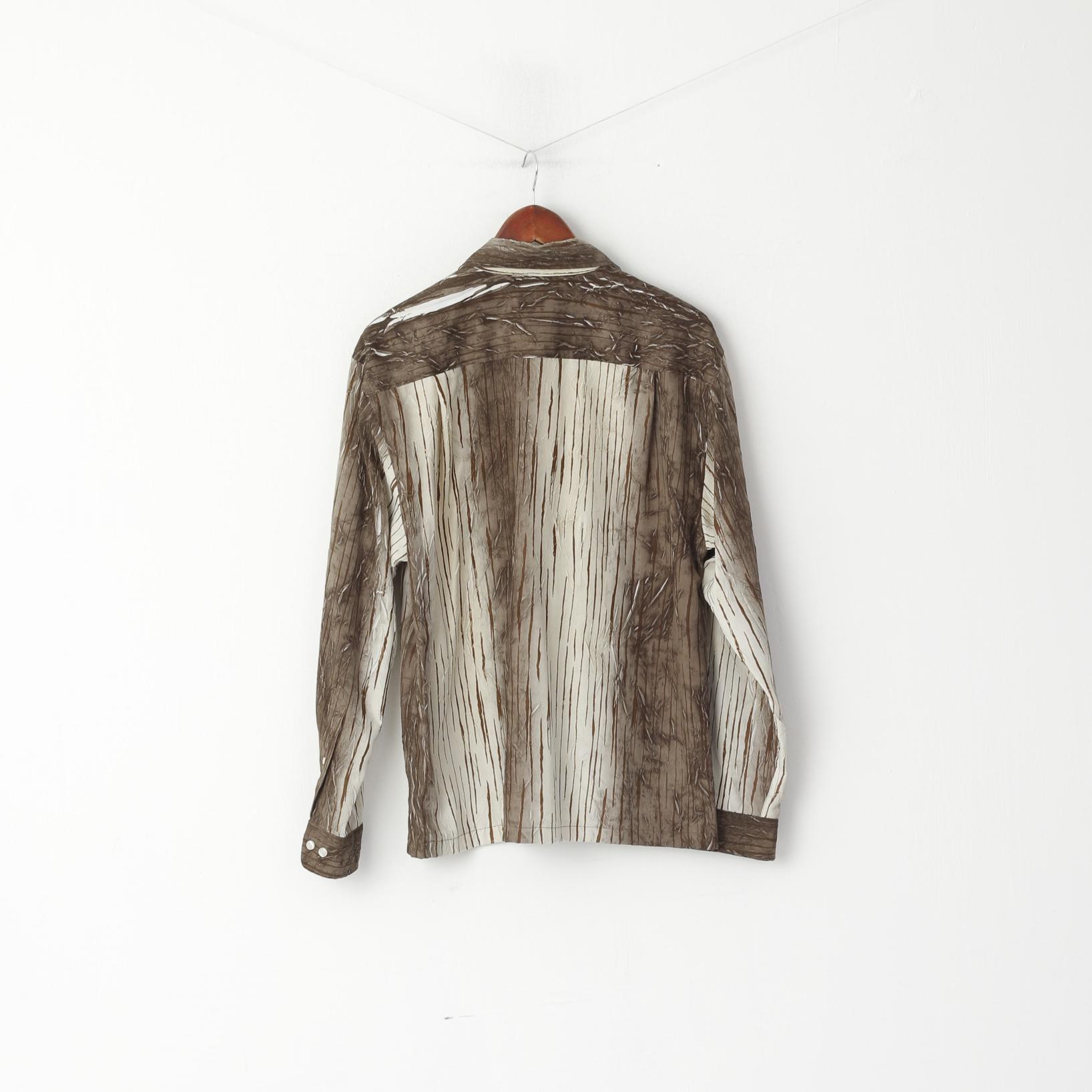Vintage Men M Casual Shirt Brown Printed Crinkled Shiny Long Sleeve Top