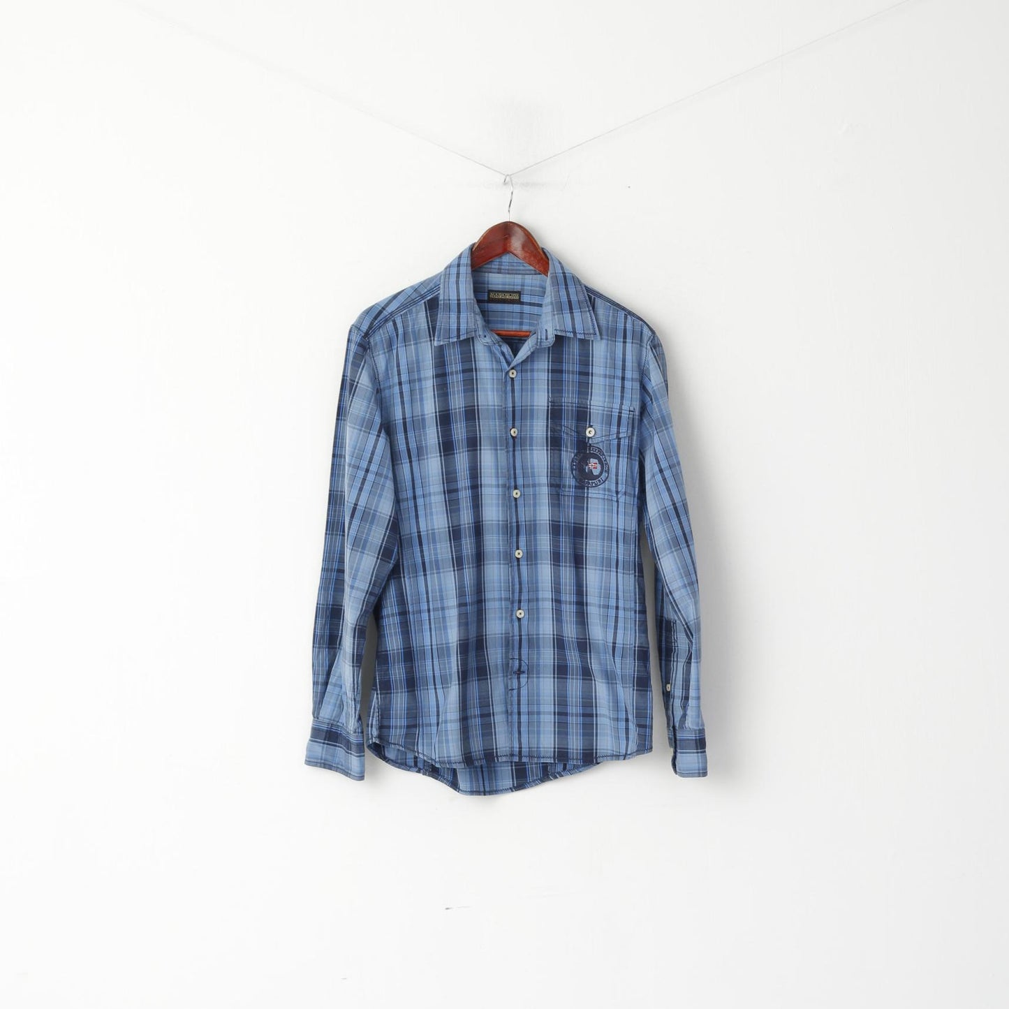 Napapijri Men M Casual Shirt Blue Check Cotton Slim Fit Expedition Long Sleeve Top