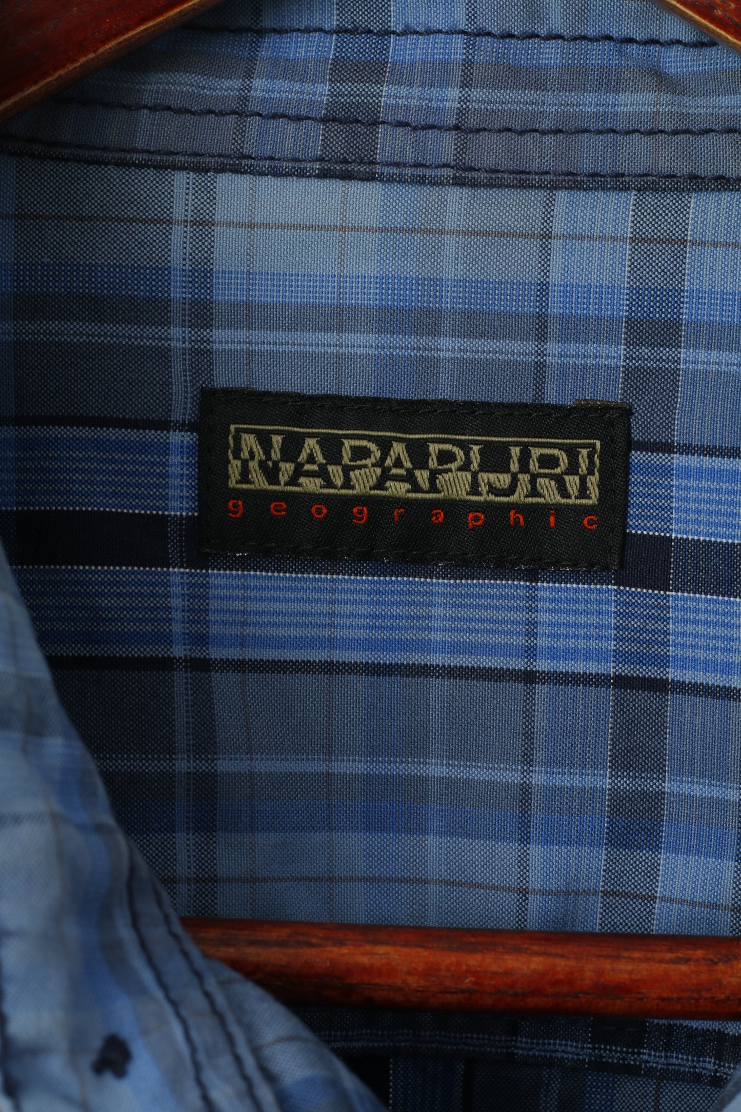 Napapijri Men M Casual Shirt Blue Check Cotton Slim Fit Expedition Long Sleeve Top