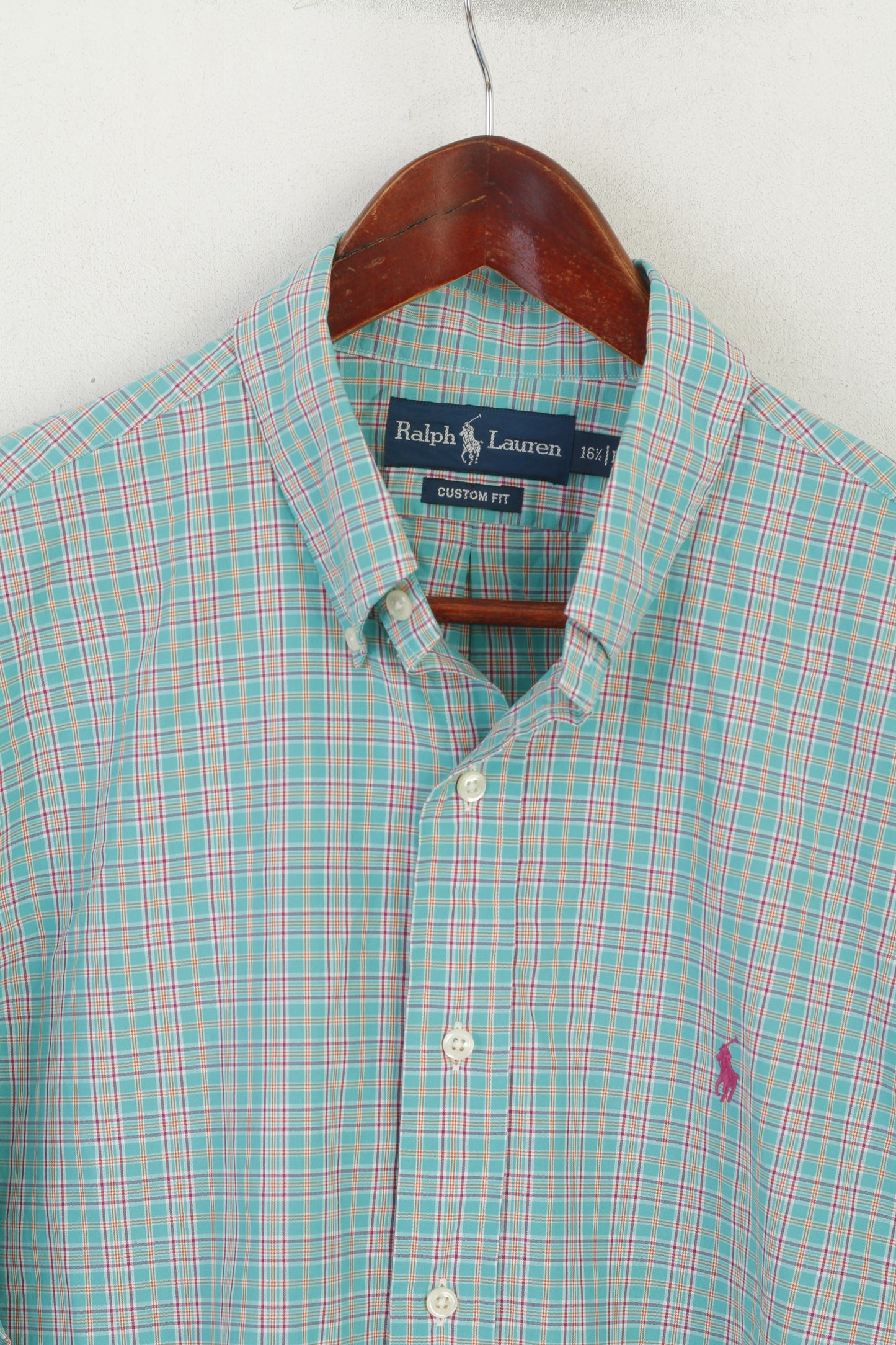 Ralph Lauren Men 16.5 L Casual Shirt Green Check Cotton Custom Fit Long Sleeve Top