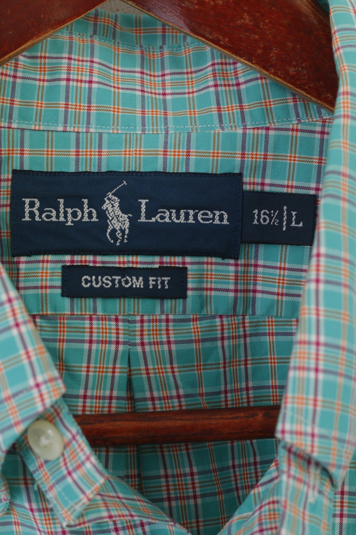 Ralph Lauren Men 16.5 L Casual Shirt Green Check Cotton Custom Fit Long Sleeve Top