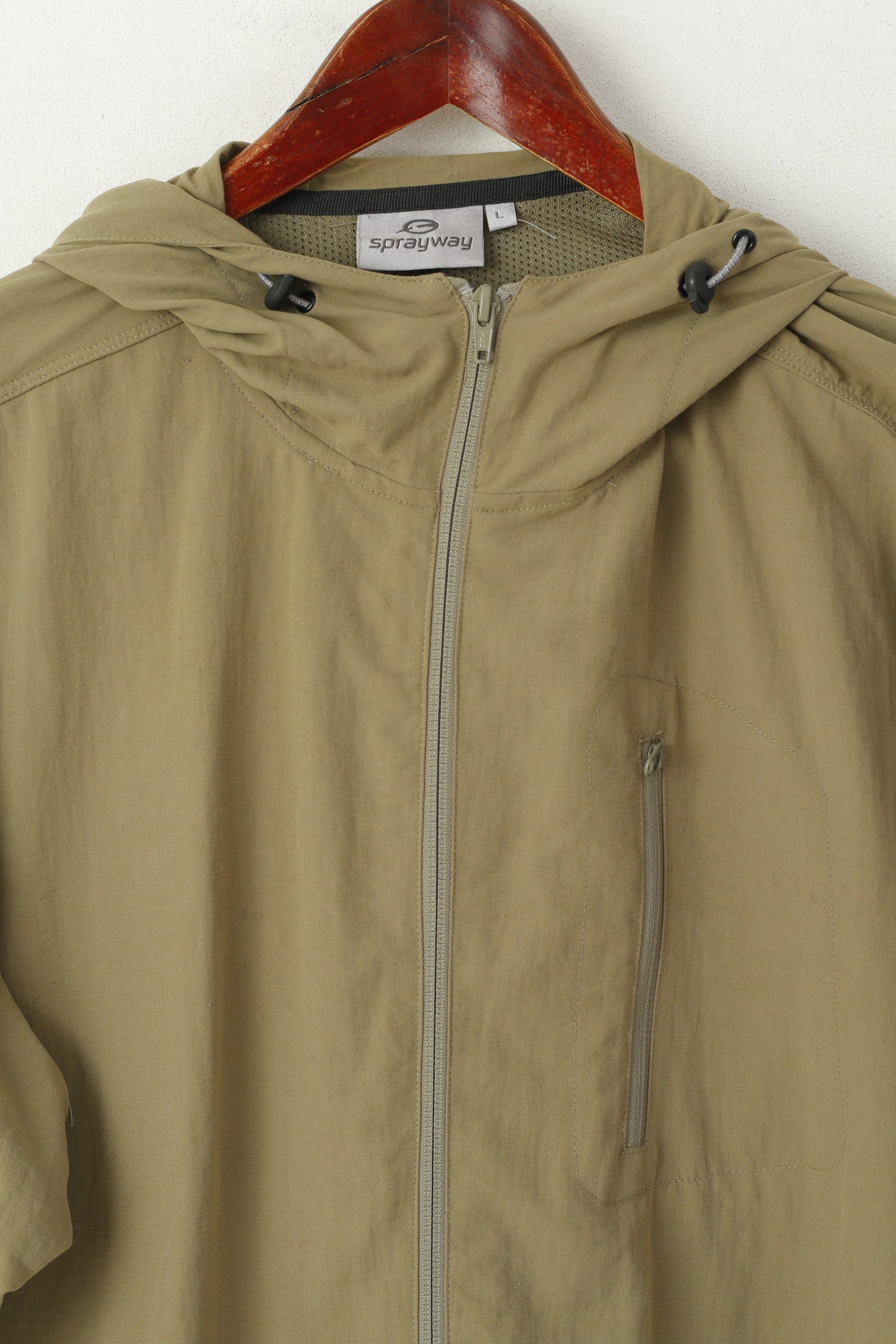 Sprayway Men L Jacket Khaki Nylon Lightweight Hooded Full Zipper Outdoor Top